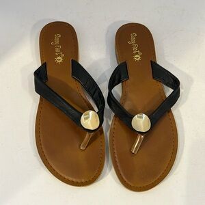 Womens Black Flip Flop Thong Sandals Black w Gold Detail Casual Beachy Summer